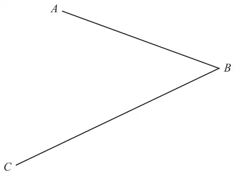 Angle ABC formed by line segments BA and BC meeting at B