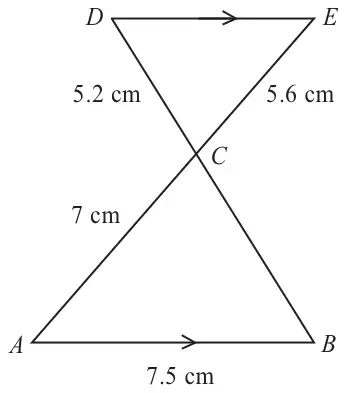 Lines AE and BD crossing at C, with DE parallel to AB; DC = 5.2 cm, CE = 5.6 cm, AC = 7 cm, AB = 7.5 cm