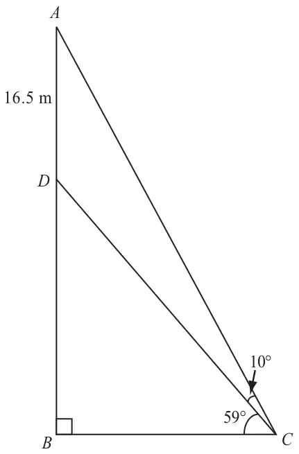 Vertical line AB with D between A and B, AD = 16.5 m, right angle at B; C on the ground with lines CA and CD; angle DCB = 59° and angle ACD = 10°