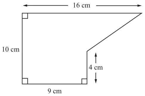 Shape with a 16 cm top edge, 10 cm left edge and 9 cm bottom edge with right angles, a 4 cm vertical edge on the right of the bottom, and a sloping edge up to the right end of the top edge