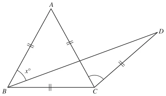 Equilateral triangle ABC and isosceles triangle BCD with CD = BC; angle ABD = x degrees; angle ACD marked