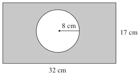 Shaded 32 cm by 17 cm rectangle with an unshaded circle of radius 8 cm inside it