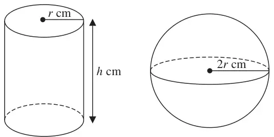 Cylinder of radius r cm and height h cm next to a sphere of radius 2r cm