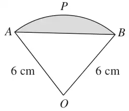 Sector OAPB with radii OA = OB = 6 cm; the segment between chord AB and arc APB is shaded