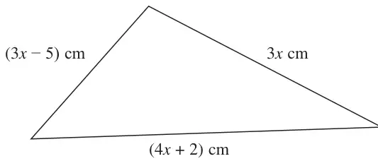 Triangle with sides (3x − 5) cm, 3x cm and (4x + 2) cm