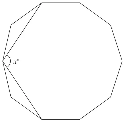 Regular 10-sided polygon with two diagonals from one vertex forming angle x°