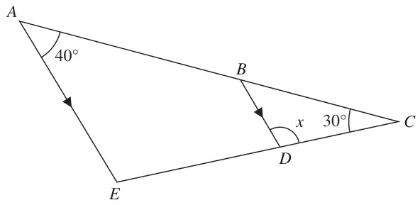 Triangle ACE with B on AC and D on EC, BD parallel to AE, angle EAC = 40°, angle ACE = 30° and angle x at D