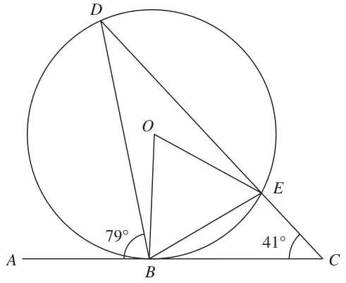 Circle with centre O and points B, D and E on it; tangent ABC touches the circle at B; DEC is a straight line; angle ABD = 79 degrees and angle ECB = 41 degrees