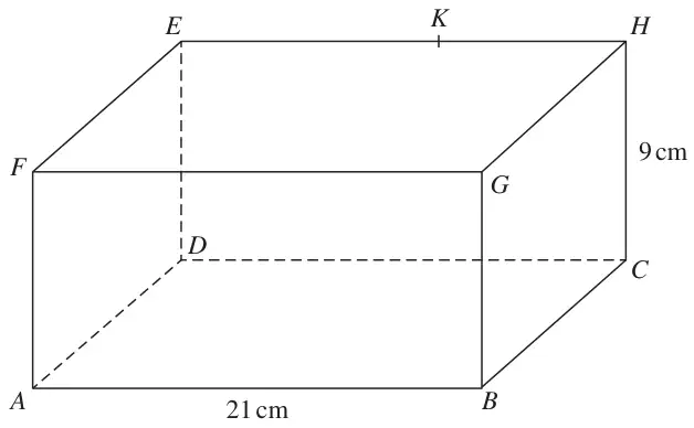Cuboid ABCDEFGH with base ABCD and top FGHE; AB = 21 cm, CH = 9 cm; K is a point on EH