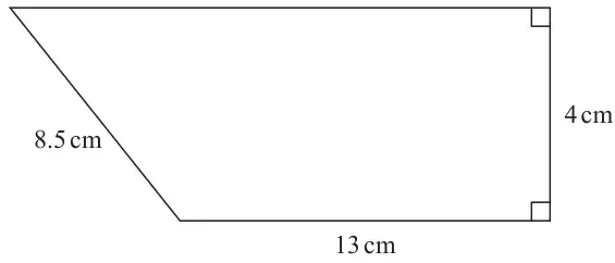 Trapezium with parallel sides horizontal, two right angles on the right-hand side of height 4 cm, bottom side 13 cm and slanted side 8.5 cm
