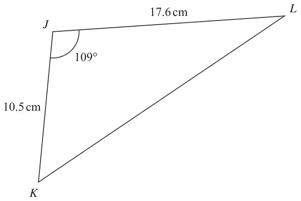 Triangle JKL with JL = 17.6 cm, JK = 10.5 cm and angle KJL = 109 degrees