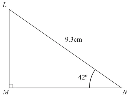 Right-angled triangle LMN with right angle at M, LN = 9.3 cm and angle LNM = 42 degrees