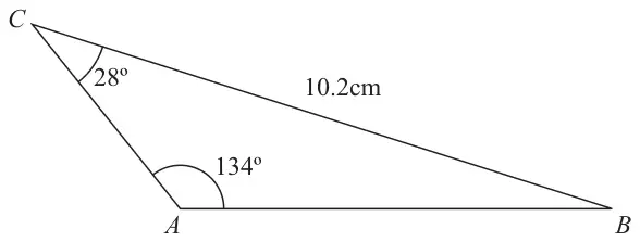 Triangle ABC with angle BCA = 28 degrees, angle CAB = 134 degrees and BC = 10.2 cm