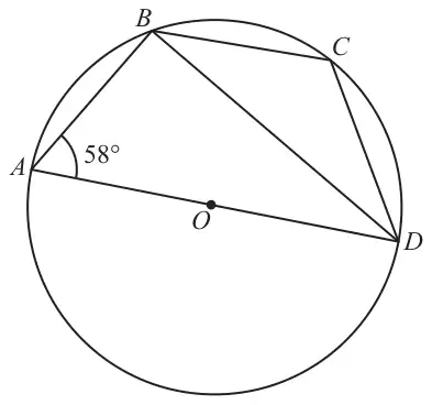 Circle centre O with diameter AD, points B and C on the circle, angle BAD = 58 degrees