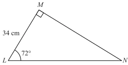 Triangle LMN with a right angle at M, LM = 34 cm and angle MLN = 72 degrees