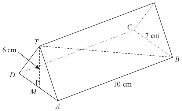 Triangular prism on horizontal rectangular base ABCD with AB = 10 cm and BC = 7 cm; T vertically above M, the midpoint of AD, with MT = 6 cm; line TB shown dashed