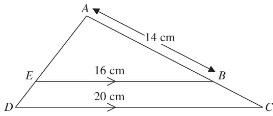 Triangle ADC with E on AD and B on AC, EB parallel to DC; AB = 14 cm, EB = 16 cm, DC = 20 cm