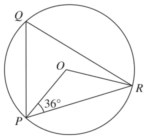 Circle centre O with points P, Q and R on the circle; chords PQ, QR and PR and radii OP and OR drawn; angle OPR = 36°