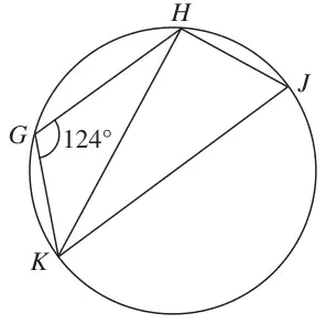 Circle with points G, H, J and K on the circle; KJ is a diameter; chords GH, GK, HK, HJ and KJ drawn; angle KGH = 124°