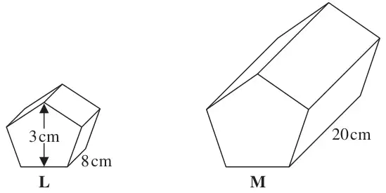 Two similar prisms: L has height 3 cm and length 8 cm; M has length 20 cm