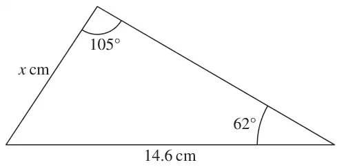 Triangle with angles 105 and 62 degrees; the side of 14.6 cm is opposite the 105 degree angle and the side x cm is opposite the 62 degree angle