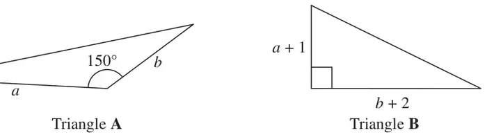 Triangle A with sides a and b and included angle 150 degrees; right-angled triangle B with sides a + 1 and b + 2 about the right angle