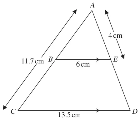 Triangle ACD with BE parallel to CD; AC = 11.7 cm, AE = 4 cm, BE = 6 cm and CD = 13.5 cm
