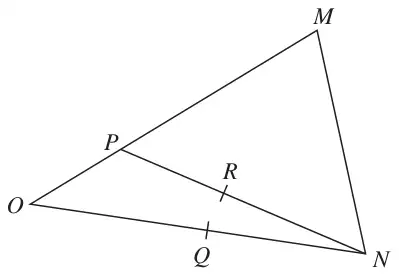 Triangle OMN with P on OM, Q the midpoint of ON and R the midpoint of PN
