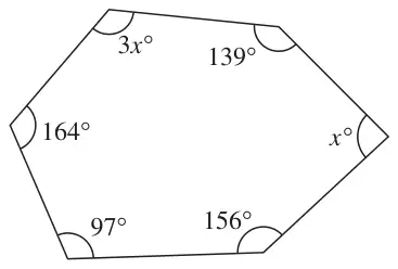 Hexagon with interior angles 3x°, 139°, x°, 156°, 97° and 164°