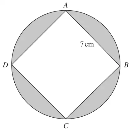 Square ABCD of side 7 cm with its vertices on a circle; the four regions between the square and the circle are shaded