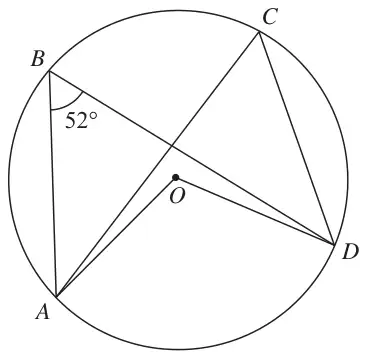 Circle centre O with points A, B, C and D on the circle; chords BA, BD, CA and CD and radii OA and OD drawn; angle ABD = 52 degrees