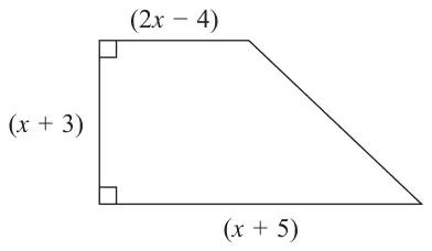 Right trapezium with parallel sides (2x - 4) and (x + 5) and height (x + 3)