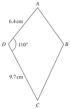 Kite ABCD with DA = 6.4 cm, DC = 9.7 cm and angle ADC = 110 degrees