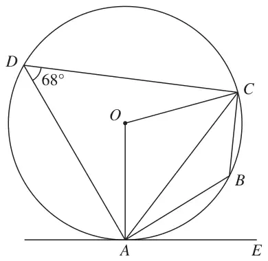 Circle centre O with points A, B, C and D on the circle and tangent AE at A; angle ADC = 68 degrees
