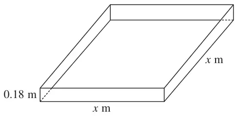 Cuboid sandpit with a square base of side x m and depth 0.18 m