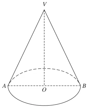 Solid cone with vertex V, base centre O and diameter AB; OV is the vertical height