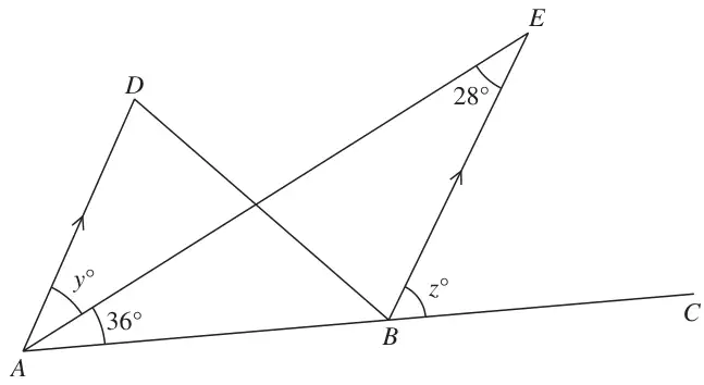 Triangles ADB and AEB with ABC a straight line and AD parallel to BE; angle EAB = 36 degrees, angle AEB = 28 degrees, angle y at A and angle z at B