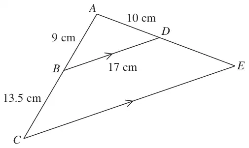 Triangle ACE with B on AC and D on AE, BD parallel to CE; AB = 9 cm, BC = 13.5 cm, AD = 10 cm, BD = 17 cm