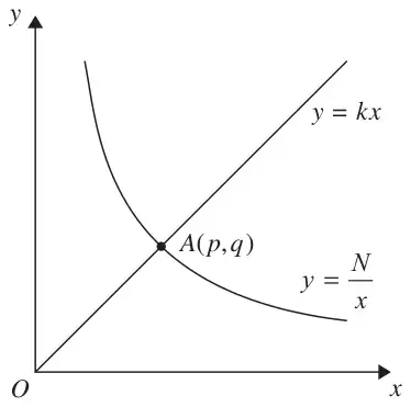 Sketch of the line y = kx through the origin crossing the curve y = N/x at the point A(p, q)