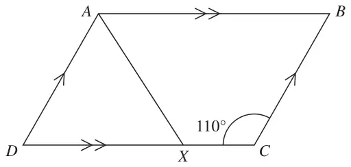 Parallelogram ABCD with AB parallel to DC; X on DC with line AX drawn; angle DCB = 110°