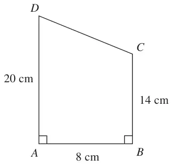 Trapezium ABCD with right angles at A and B; AD = 20 cm, AB = 8 cm, BC = 14 cm