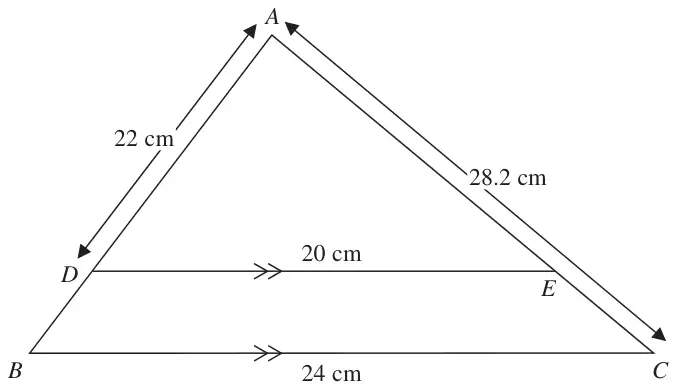 Triangle ABC with D on AB and E on AC, DE parallel to BC; AD = 22 cm, AC = 28.2 cm, DE = 20 cm, BC = 24 cm