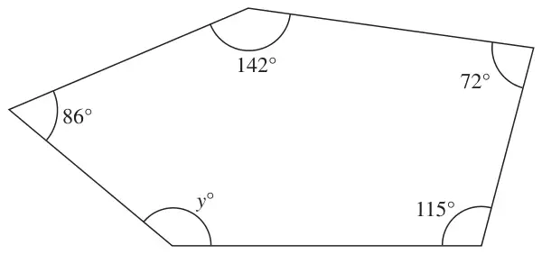 Pentagon with interior angles 142, 72, 115, y and 86 degrees