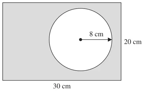 Shaded rectangle 30 cm by 20 cm with an unshaded circle of radius 8 cm inside it