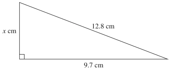 Right-angled triangle with hypotenuse 12.8 cm, base 9.7 cm and vertical side x cm