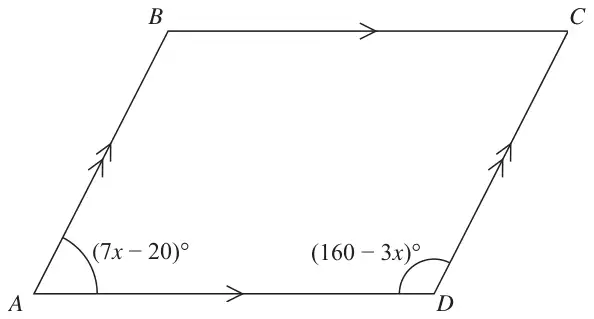 Parallelogram ABCD with angle at A marked (7x − 20)° and angle at D marked (160 − 3x)°