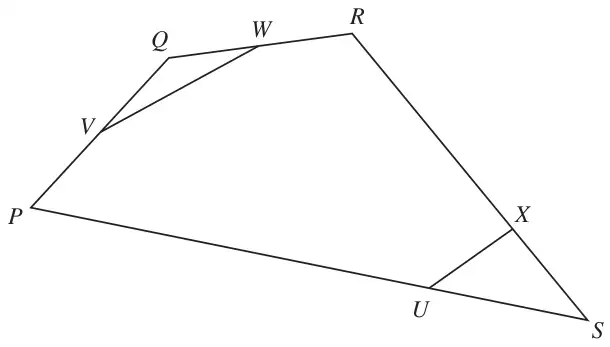 Quadrilateral PQRS with V the midpoint of PQ, W the midpoint of QR, X on RS and U on PS; VW and UX drawn