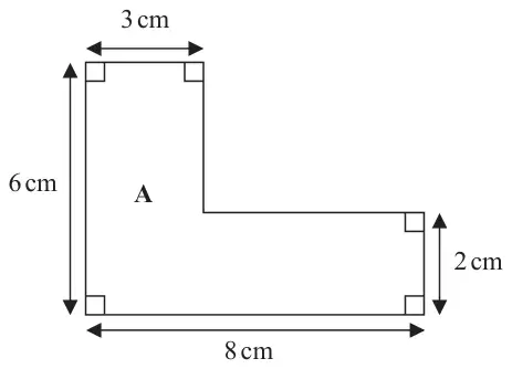 L-shaped shape A: total width 8 cm, total height 6 cm, top width 3 cm, right-hand height 2 cm, all corners right angles