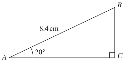 Right-angled triangle ABC with the right angle at C, AB = 8.4 cm and angle BAC = 20 degrees