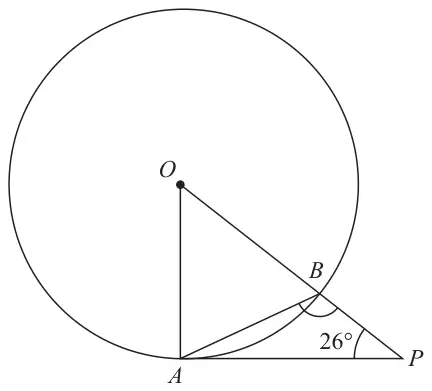 Circle centre O with points A and B on the circle; tangent PA at A; OBP a straight line; angle APO = 26°